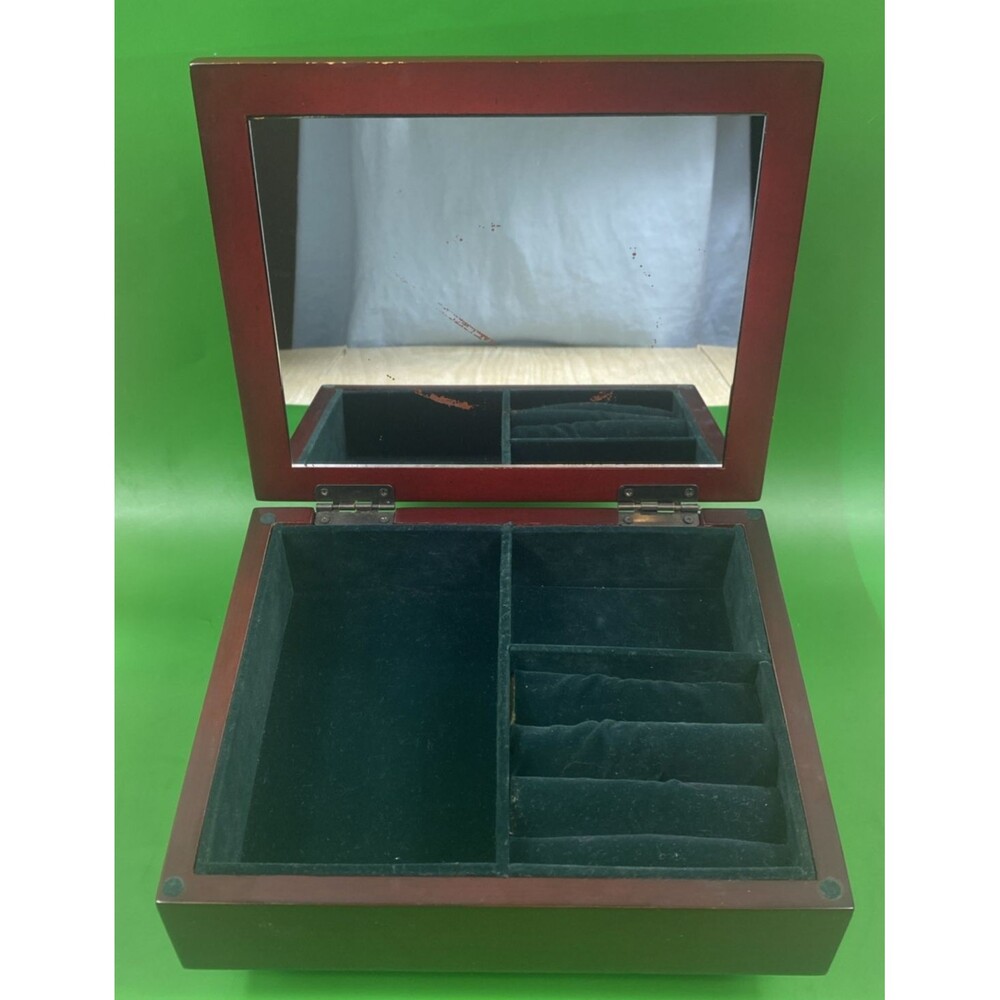 Cherry Wood Jewelry Box with  Green Velvet Lining 8.25" X 6.75"  with Mirror